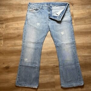 Diesel Zathan Jeans Men 34x28 Blue Bootcut Light Wash Distressed Italy 772 Y2K